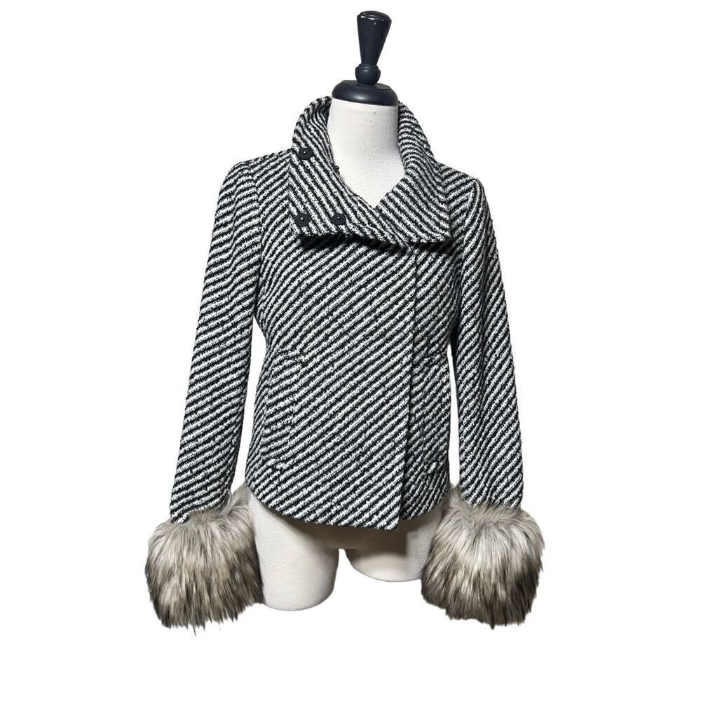 Ann Taylor Nubby Wool Coat Faux Fur Trim Size XS